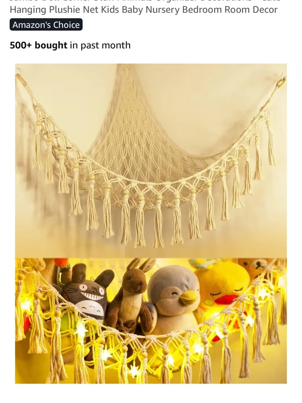 Kids Cream Macramé Hammock Shelf with Star String Lights - Cream set of 2